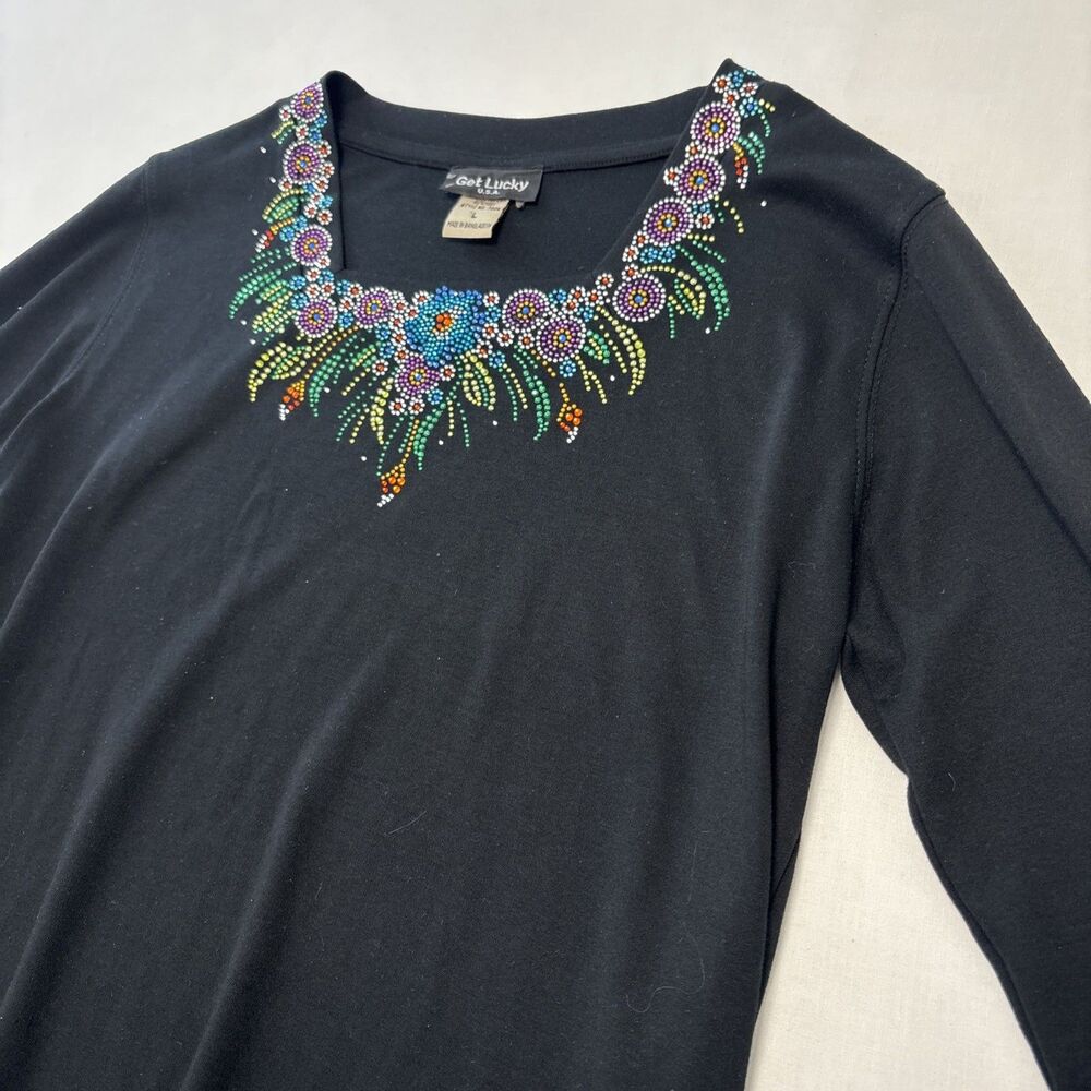 Get Lucky Pullover Top Black Floral Bling 100% Cotton Rhinestone Womens Large